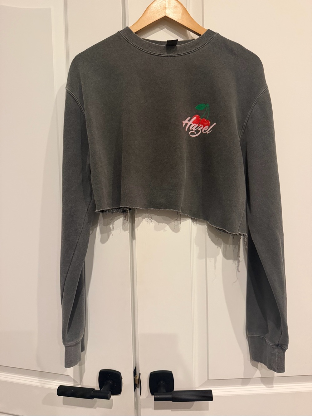 Hazel Boutique Cherry Graphic Cropped Sweatshirt Charcoal